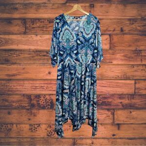 5‎ for $25🔥Roaman's Blue Paisley Asymmetrical Dress Size 14/16